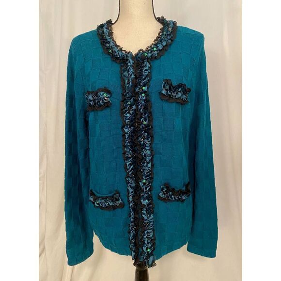 Michael Simon Workshop 100% Cotton Cardigan Sweater Dark Teal Ruffles Sequins M - Picture 1 of 8